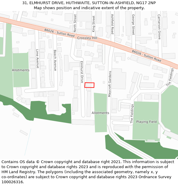 31, ELMHURST DRIVE, HUTHWAITE, SUTTON-IN-ASHFIELD, NG17 2NP: Location map and indicative extent of plot