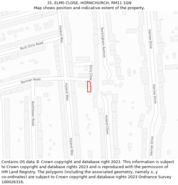 31, ELMS CLOSE, HORNCHURCH, RM11 1GN: Location map and indicative extent of plot