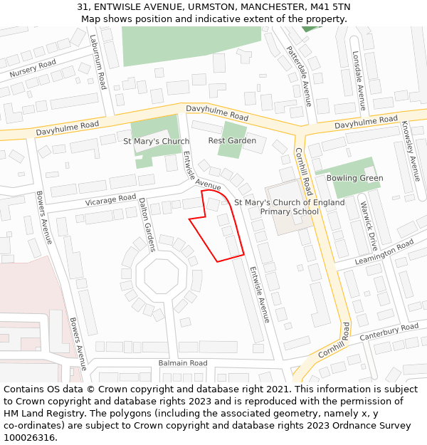 31, ENTWISLE AVENUE, URMSTON, MANCHESTER, M41 5TN: Location map and indicative extent of plot