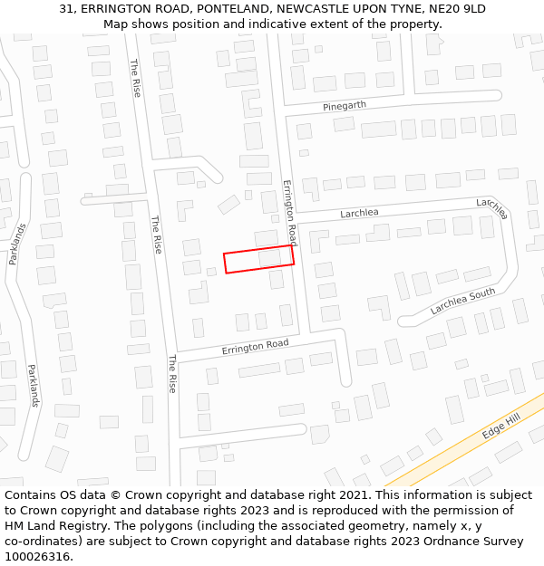 31, ERRINGTON ROAD, PONTELAND, NEWCASTLE UPON TYNE, NE20 9LD: Location map and indicative extent of plot