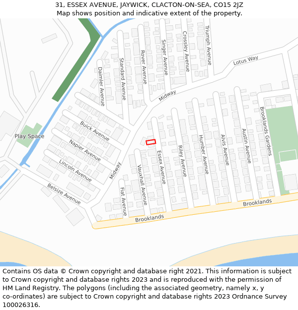 31, ESSEX AVENUE, JAYWICK, CLACTON-ON-SEA, CO15 2JZ: Location map and indicative extent of plot