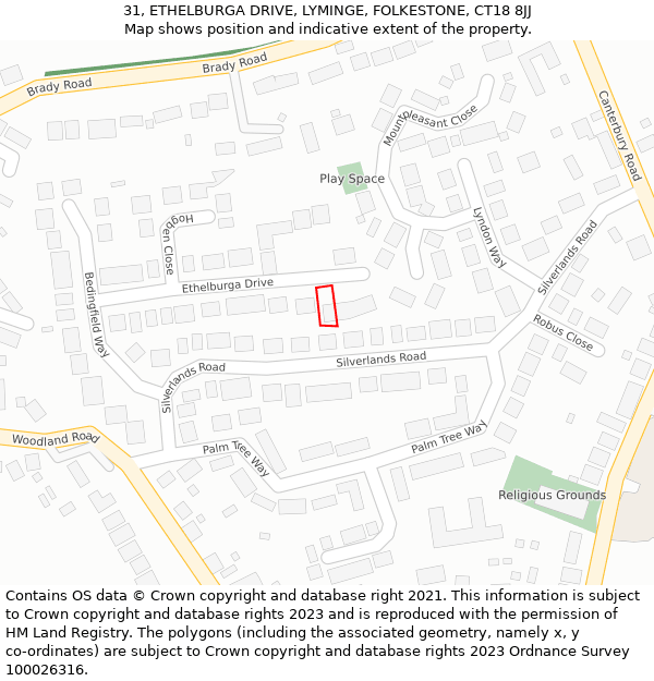 31, ETHELBURGA DRIVE, LYMINGE, FOLKESTONE, CT18 8JJ: Location map and indicative extent of plot