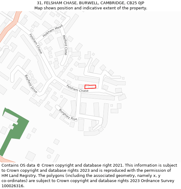 31, FELSHAM CHASE, BURWELL, CAMBRIDGE, CB25 0JP: Location map and indicative extent of plot