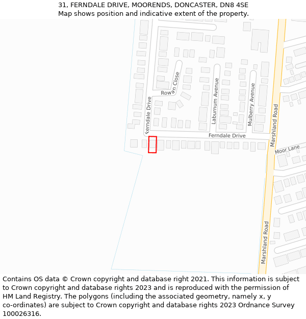 31, FERNDALE DRIVE, MOORENDS, DONCASTER, DN8 4SE: Location map and indicative extent of plot