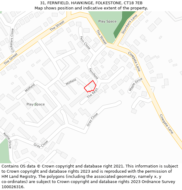 31, FERNFIELD, HAWKINGE, FOLKESTONE, CT18 7EB: Location map and indicative extent of plot