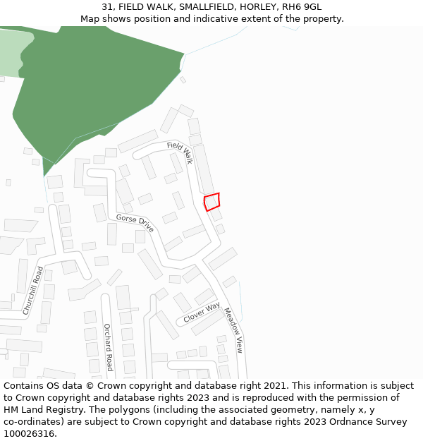 31, FIELD WALK, SMALLFIELD, HORLEY, RH6 9GL: Location map and indicative extent of plot