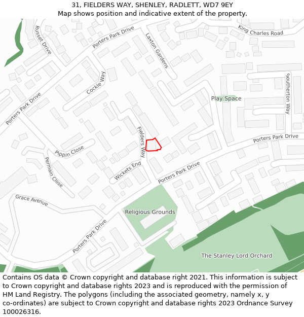 31, FIELDERS WAY, SHENLEY, RADLETT, WD7 9EY: Location map and indicative extent of plot