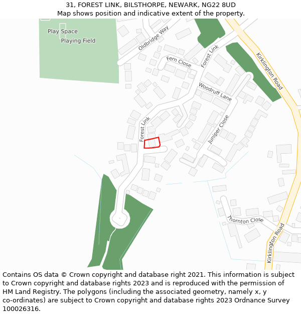 31, FOREST LINK, BILSTHORPE, NEWARK, NG22 8UD: Location map and indicative extent of plot