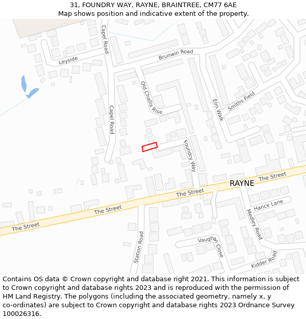 31, FOUNDRY WAY, RAYNE, BRAINTREE, CM77 6AE: Location map and indicative extent of plot