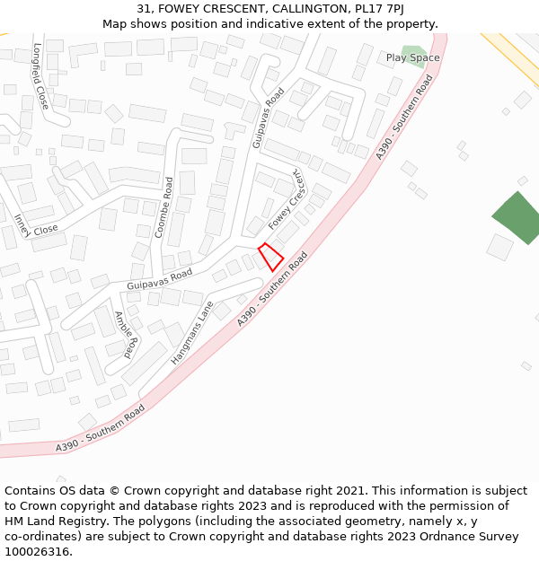 31, FOWEY CRESCENT, CALLINGTON, PL17 7PJ: Location map and indicative extent of plot