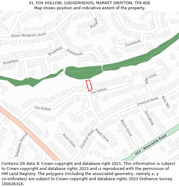 31, FOX HOLLOW, LOGGERHEADS, MARKET DRAYTON, TF9 4DE: Location map and indicative extent of plot