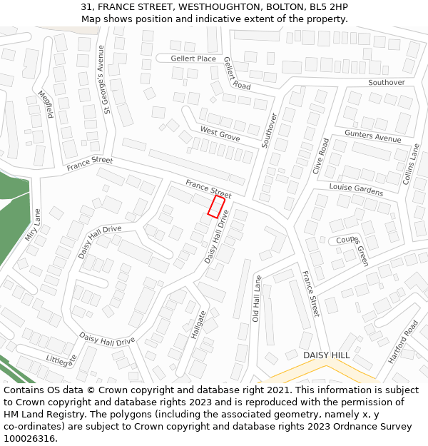 31, FRANCE STREET, WESTHOUGHTON, BOLTON, BL5 2HP: Location map and indicative extent of plot