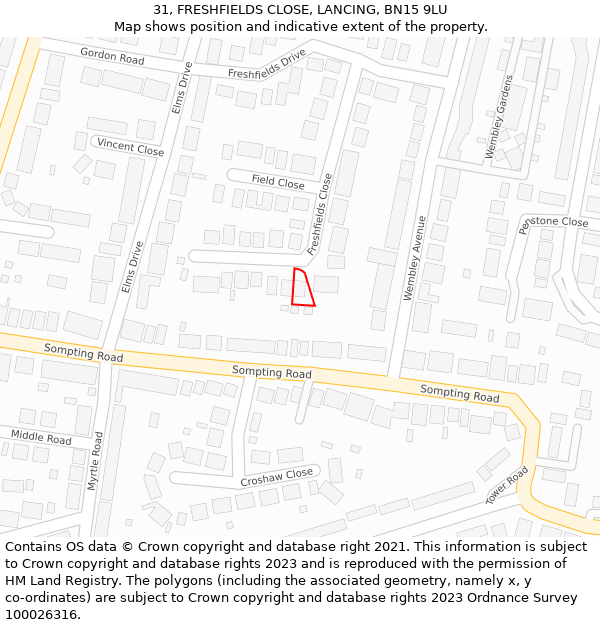 31, FRESHFIELDS CLOSE, LANCING, BN15 9LU: Location map and indicative extent of plot