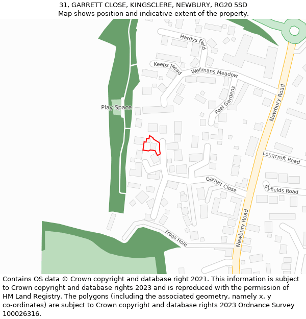 31, GARRETT CLOSE, KINGSCLERE, NEWBURY, RG20 5SD: Location map and indicative extent of plot