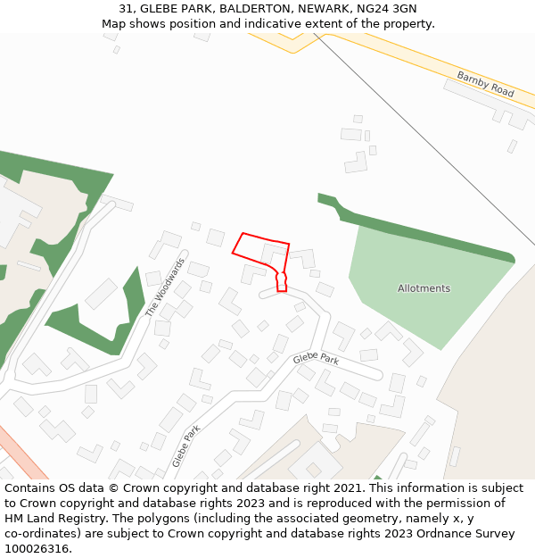 31, GLEBE PARK, BALDERTON, NEWARK, NG24 3GN: Location map and indicative extent of plot