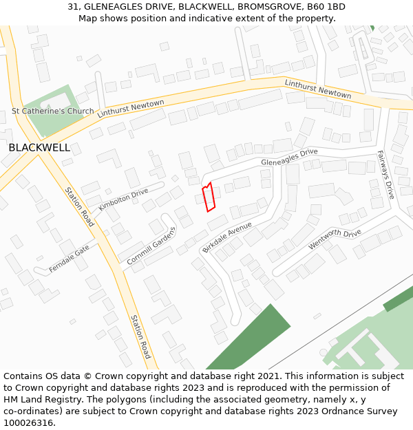 31, GLENEAGLES DRIVE, BLACKWELL, BROMSGROVE, B60 1BD: Location map and indicative extent of plot