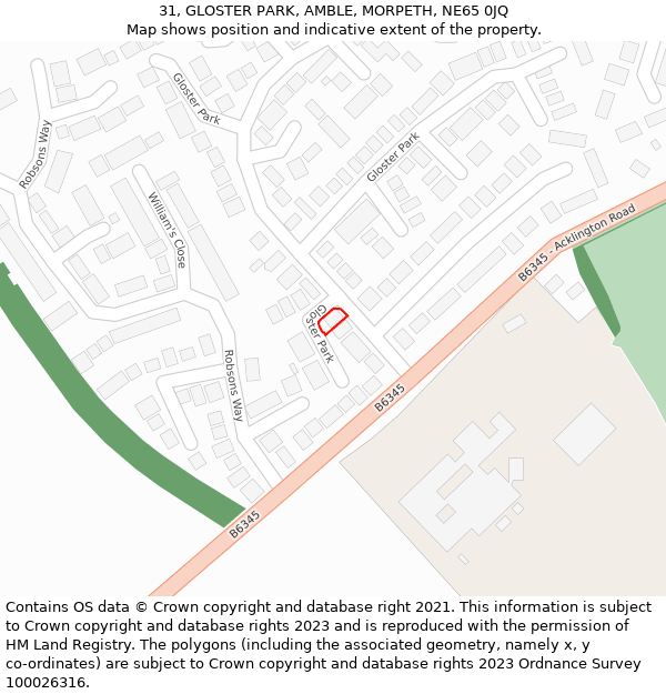 31, GLOSTER PARK, AMBLE, MORPETH, NE65 0JQ: Location map and indicative extent of plot