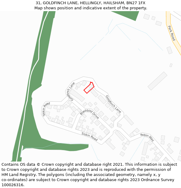 31, GOLDFINCH LANE, HELLINGLY, HAILSHAM, BN27 1FX: Location map and indicative extent of plot