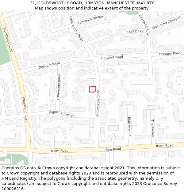 31, GOLDSWORTHY ROAD, URMSTON, MANCHESTER, M41 8TY: Location map and indicative extent of plot