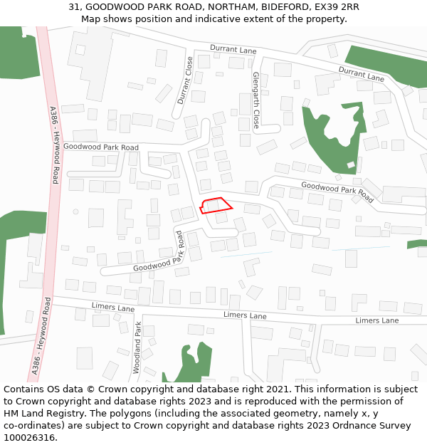 31, GOODWOOD PARK ROAD, NORTHAM, BIDEFORD, EX39 2RR: Location map and indicative extent of plot