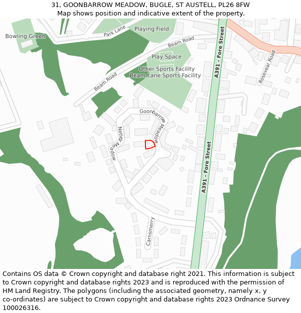 31, GOONBARROW MEADOW, BUGLE, ST AUSTELL, PL26 8FW: Location map and indicative extent of plot