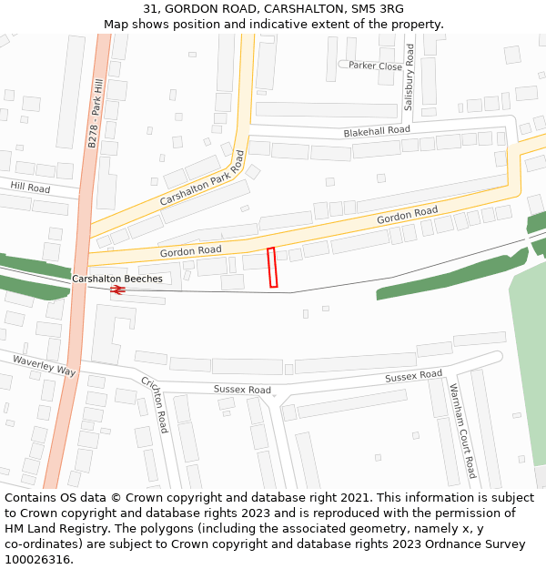 31, GORDON ROAD, CARSHALTON, SM5 3RG: Location map and indicative extent of plot