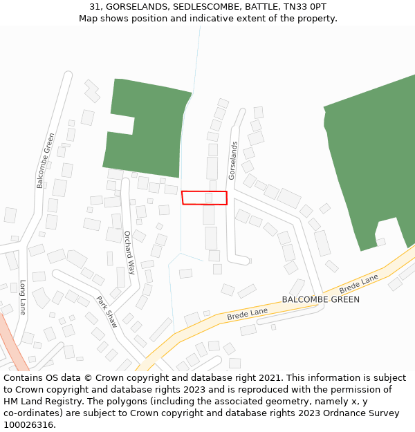 31, GORSELANDS, SEDLESCOMBE, BATTLE, TN33 0PT: Location map and indicative extent of plot