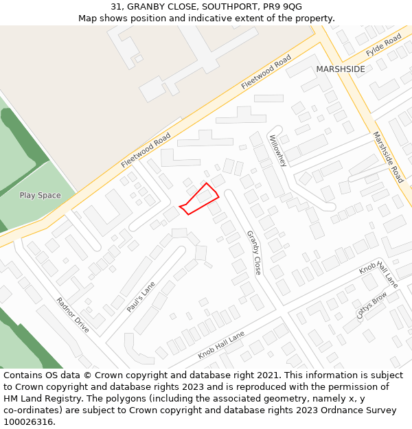 31, GRANBY CLOSE, SOUTHPORT, PR9 9QG: Location map and indicative extent of plot