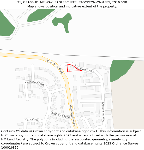 31, GRASSHOLME WAY, EAGLESCLIFFE, STOCKTON-ON-TEES, TS16 0GB: Location map and indicative extent of plot