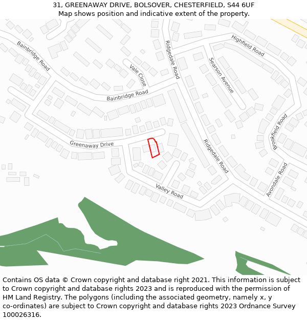 31, GREENAWAY DRIVE, BOLSOVER, CHESTERFIELD, S44 6UF: Location map and indicative extent of plot