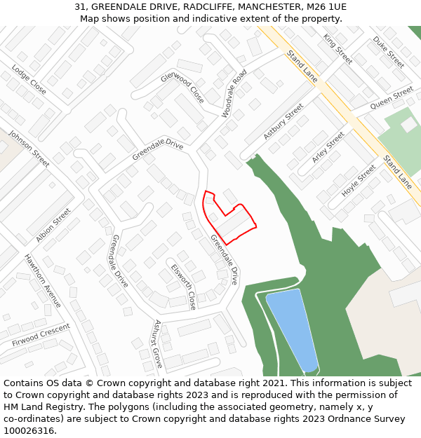 31, GREENDALE DRIVE, RADCLIFFE, MANCHESTER, M26 1UE: Location map and indicative extent of plot