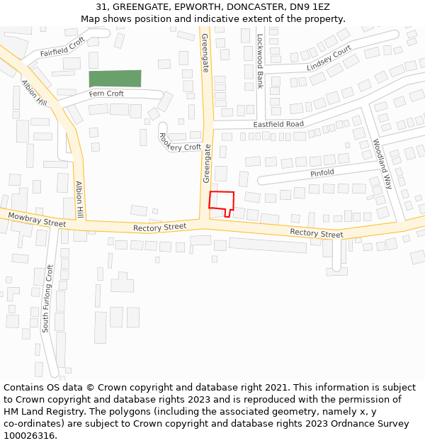 31, GREENGATE, EPWORTH, DONCASTER, DN9 1EZ: Location map and indicative extent of plot