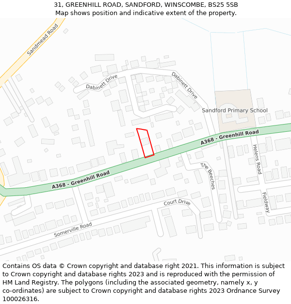 31, GREENHILL ROAD, SANDFORD, WINSCOMBE, BS25 5SB: Location map and indicative extent of plot