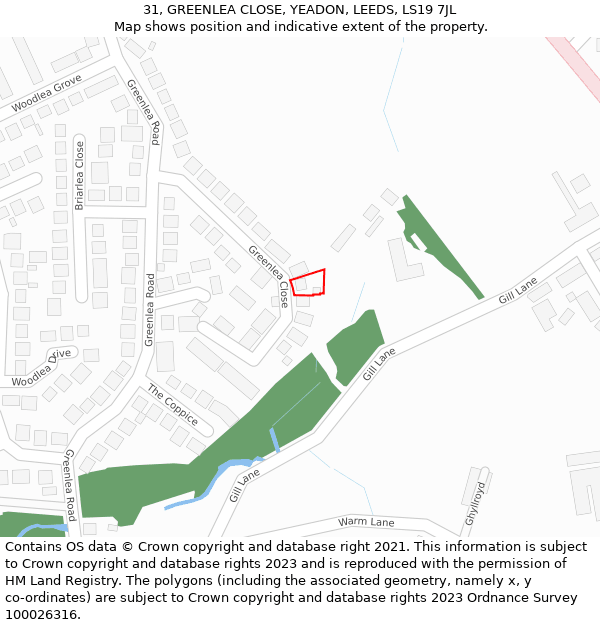 31, GREENLEA CLOSE, YEADON, LEEDS, LS19 7JL: Location map and indicative extent of plot