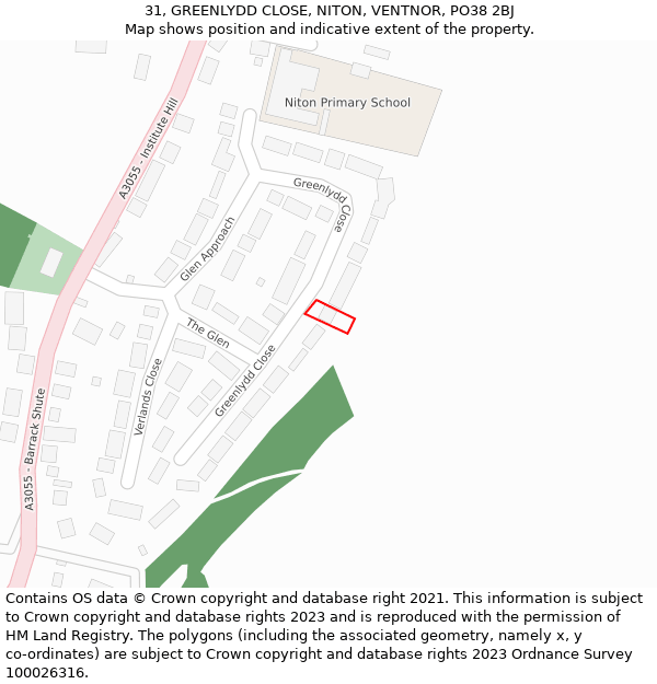 31, GREENLYDD CLOSE, NITON, VENTNOR, PO38 2BJ: Location map and indicative extent of plot