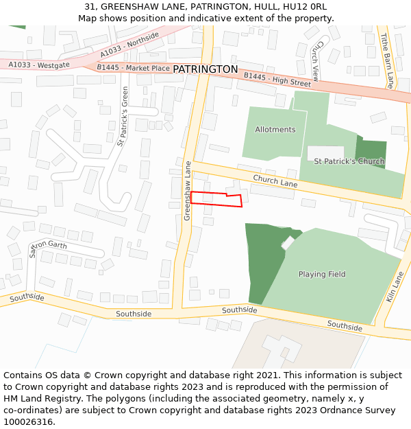 31, GREENSHAW LANE, PATRINGTON, HULL, HU12 0RL: Location map and indicative extent of plot