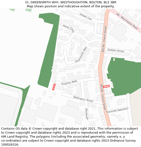 31, GREENSMITH WAY, WESTHOUGHTON, BOLTON, BL5 3BR: Location map and indicative extent of plot