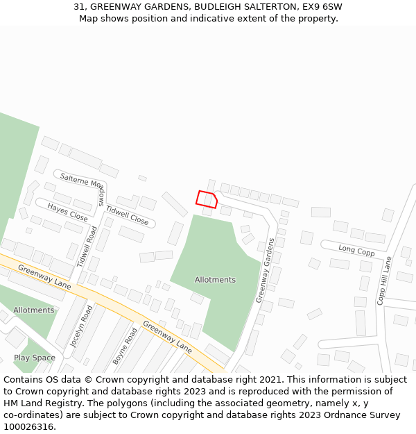 31, GREENWAY GARDENS, BUDLEIGH SALTERTON, EX9 6SW: Location map and indicative extent of plot