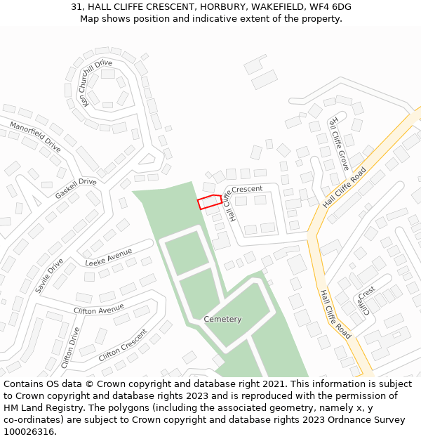 31, HALL CLIFFE CRESCENT, HORBURY, WAKEFIELD, WF4 6DG: Location map and indicative extent of plot