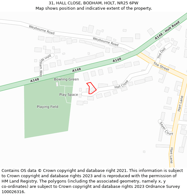 31, HALL CLOSE, BODHAM, HOLT, NR25 6PW: Location map and indicative extent of plot