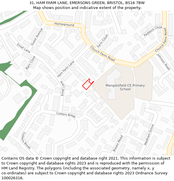 31, HAM FARM LANE, EMERSONS GREEN, BRISTOL, BS16 7BW: Location map and indicative extent of plot