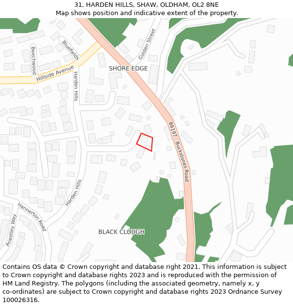 31, HARDEN HILLS, SHAW, OLDHAM, OL2 8NE: Location map and indicative extent of plot