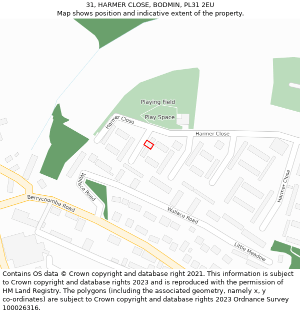 31, HARMER CLOSE, BODMIN, PL31 2EU: Location map and indicative extent of plot
