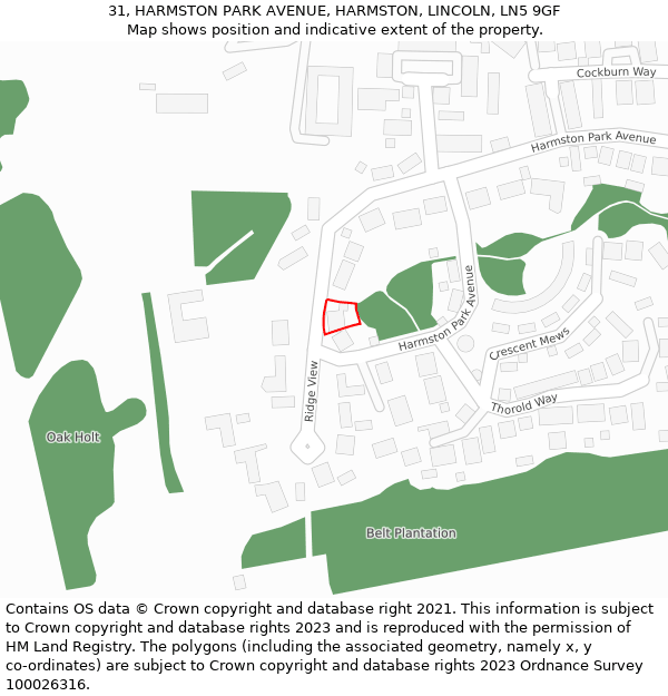 31, HARMSTON PARK AVENUE, HARMSTON, LINCOLN, LN5 9GF: Location map and indicative extent of plot