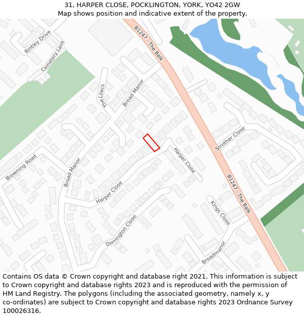 31, HARPER CLOSE, POCKLINGTON, YORK, YO42 2GW: Location map and indicative extent of plot