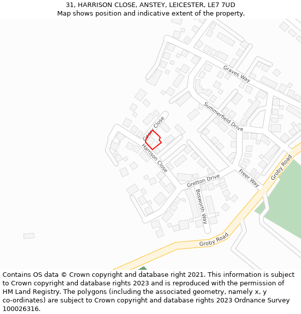 31, HARRISON CLOSE, ANSTEY, LEICESTER, LE7 7UD: Location map and indicative extent of plot
