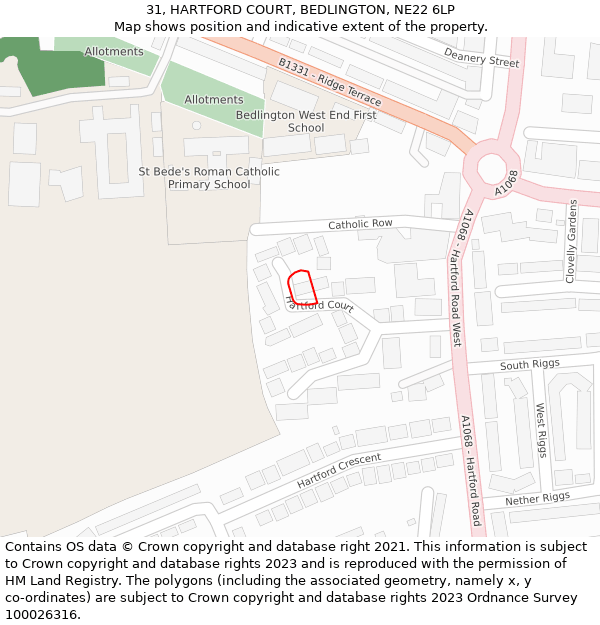 31, HARTFORD COURT, BEDLINGTON, NE22 6LP: Location map and indicative extent of plot