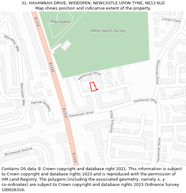 31, HAVANNAH DRIVE, WIDEOPEN, NEWCASTLE UPON TYNE, NE13 6LD: Location map and indicative extent of plot