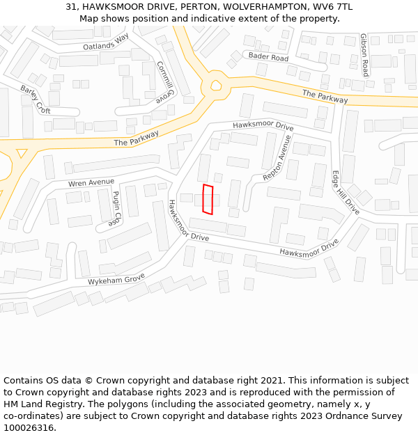 31, HAWKSMOOR DRIVE, PERTON, WOLVERHAMPTON, WV6 7TL: Location map and indicative extent of plot