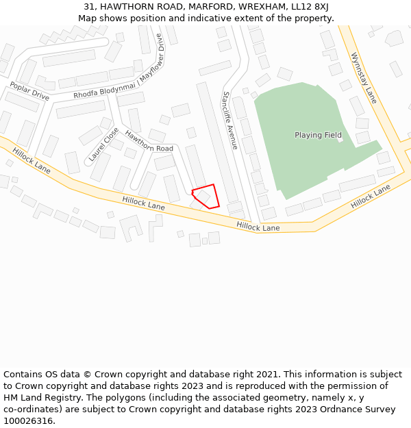 31, HAWTHORN ROAD, MARFORD, WREXHAM, LL12 8XJ: Location map and indicative extent of plot